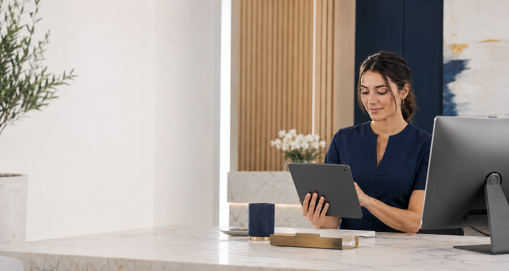 Profesional de una clínica estética gestionando la agenda de citas desde una tablet